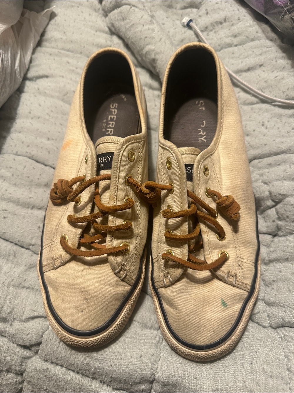 Sperry Tan Canvas Boat Shoes with Brown Laces